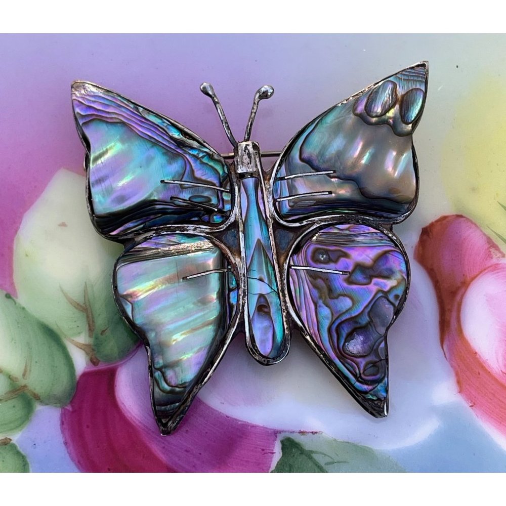 Vintage 1970s Mexico Alpaca Silver Abalone Shell Butterfly brooch.